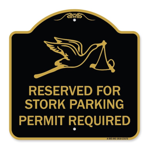 Reserved for Stork Parking Permit Required W/ Graphic, Black & Gold Alum, 18" x 18", BG-1818-23172